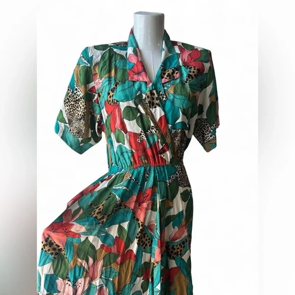 Vintage‎ 90s Leopard Floral Jungle Print Dress Carol Anderson California  5/6 (S)